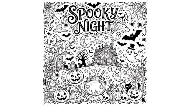 Spooky night halloween coloring page with haunted house and cauldron