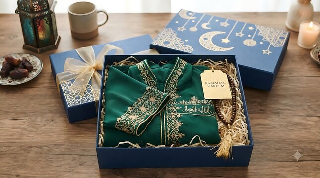 Ramadan kareem gift box with traditional clothing and prayer beads