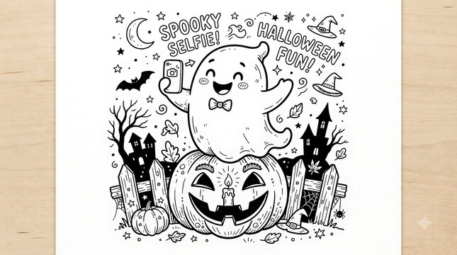 Halloween coloring page with cute ghost and jackolantern