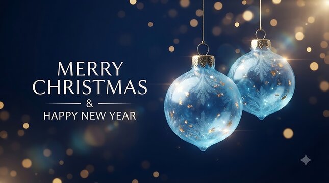 Christmas and new year greeting card with blue glass ornaments