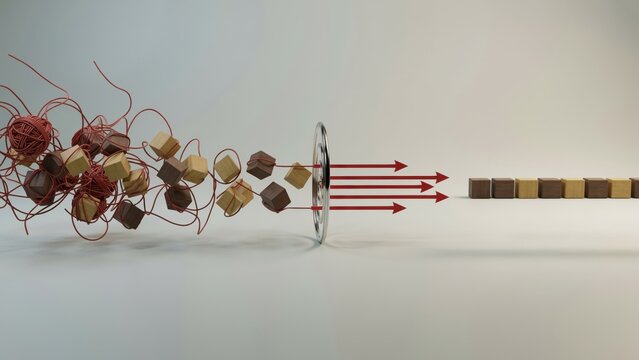 Chaotic wooden cubes and red thread streamline through a metal ring, becoming uniform blocks, isolated on white background. This symbolizes efficiency and process optimization.