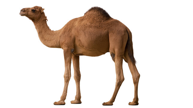 Full body side view of a brown dromedary camel standing