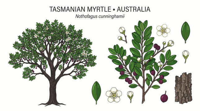 Very beautiful realistic vector botanical set of a TASMANIAN MYRTLE TREE with full tree, glossy leaves, delicate white flowers, small berry-like fruits, flower buds, textured rainforest bark and branc