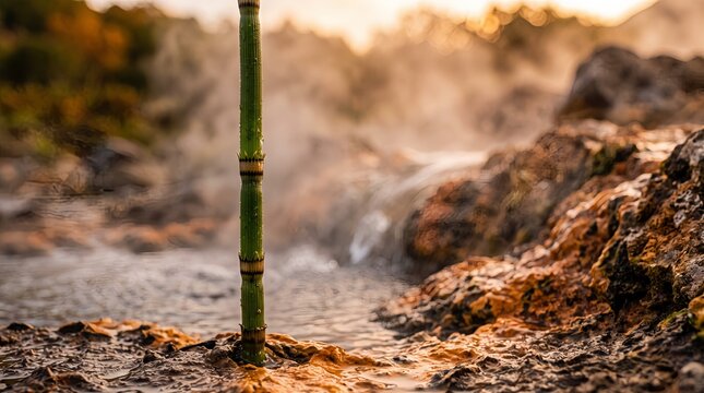 Horsetail stem beside hot spring in geothermal landscape with steam