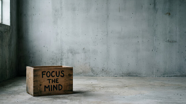 Wooden crate with the stenciled text "FOCUS THE MIND" sitting on a concrete floor in a minimalist, empty industrial room with a textured gray concrete wall background.