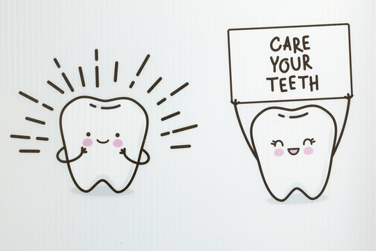 Cartoon Teeth with "Care Your Teeth" Sign