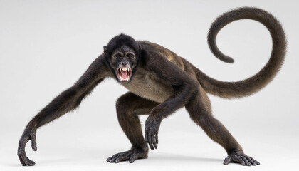 Fototapeta premium Aggressive spider monkey snarling, dark brown fur primate posture, background cutout image, wildlife biology study presentation.