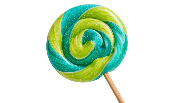 Swirled green and teal round hard candy lollipop on a wooden stick