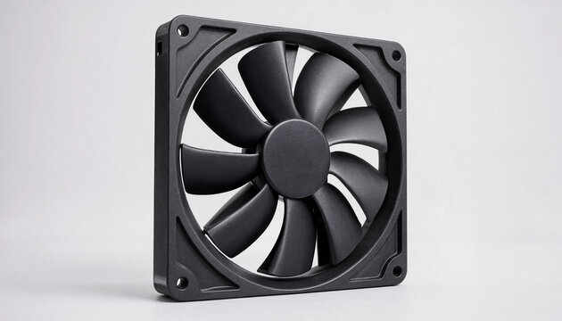 Black computer cooling fan angled background.