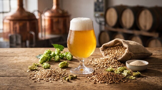Glass of craft beer with hops and barley on a wooden table in a brewery