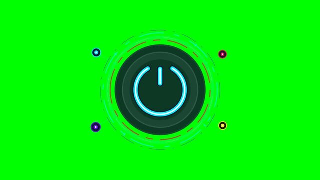 Glowing neon blue power button animation on green screen