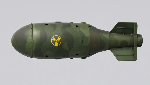 Green nuclear bomb with camouflage isolated. Atomic weapon mockup.