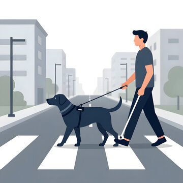 Blind man walking with guide dog and white cane on street crosswalk representing accessibility vision impairment and service animal support vector illustration
