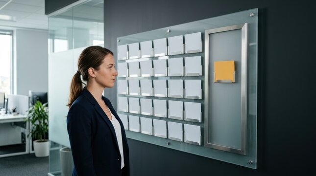 Business professional reviewing isolated exception card on corporate workflow board