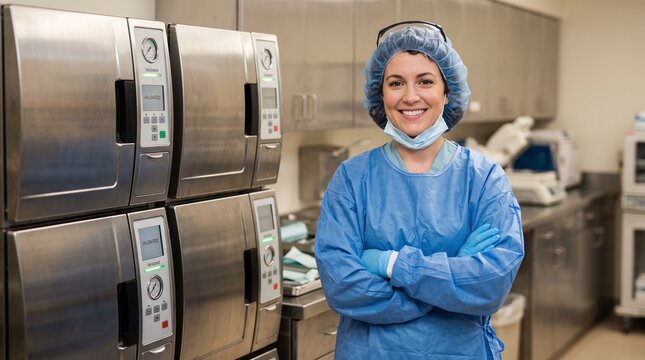 Smiling sterilization nurse standing by autoclave units