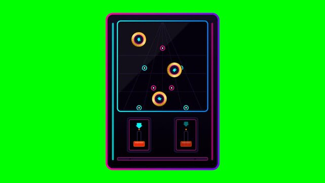 Neon arcade game machine with glowing gold rings bouncing on a screen