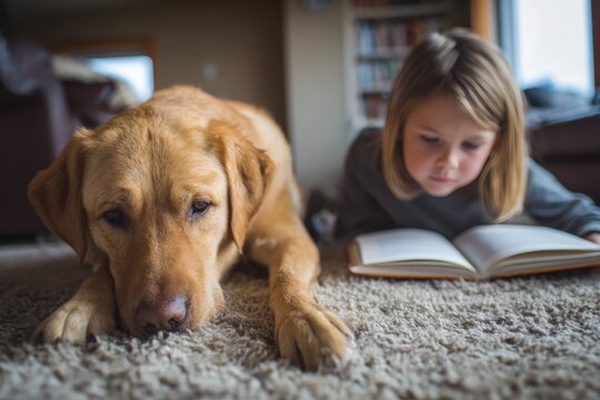 Young child reads an open book on the living room carpet while a large dog rests nearby, creating a calm home learning scene that reflects focused attention, companionship and emotional safety