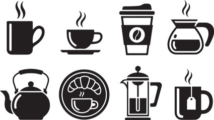 Obraz premium Black silhouette vector icons depicting coffee mugs teapots and related drinkware