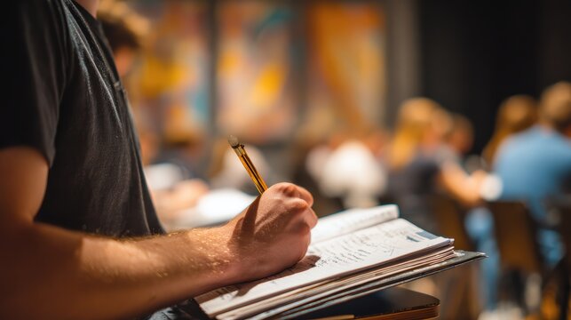 Adult learner writes notes with a pencil during an evening class in a busy lecture hall, building practical knowledge and professional skills through continuing education and career development