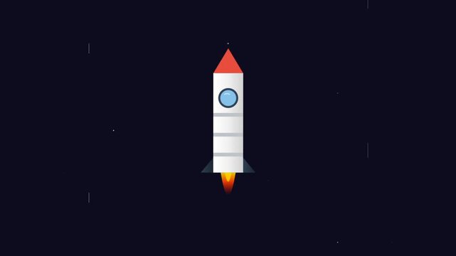 Cartoon rocket ship flying through space in flat design style