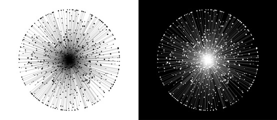 Obraz premium Radial network explosion icon with hundreds of lines connecting to dot nodes, data transfer and connection concept, black on white and white on black variants, vector logo.