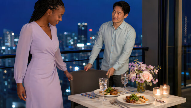 Romantic Valentine's Day dinner for two featuring a couple at a beautifully set table with city skyline view, elegant dishes, and floral centerpiece in a modern setting