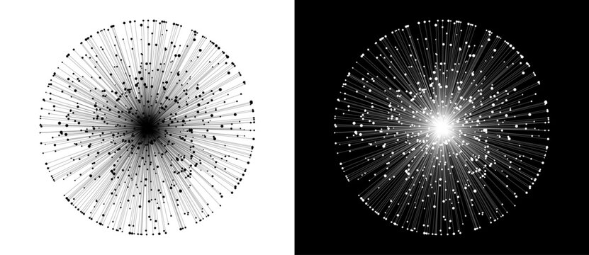 Radial network explosion icon with hundreds of lines connecting to dot nodes, data transfer and connection concept, black on white and white on black variants, vector logo.
