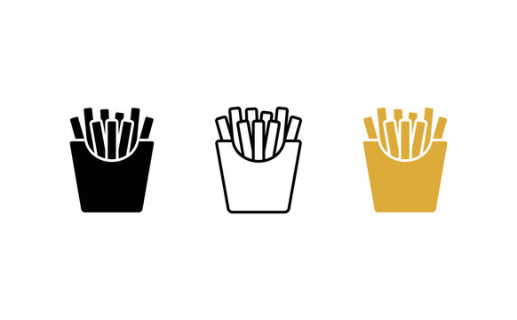 French fries icon set in black, outline, and gold styles, minimalist fast food symbols, potato chips vector signs for restaurant menus