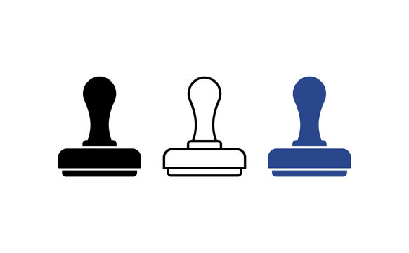Rubber stamp icons set in black, outline, and blue styles, official document approval stamps, notary public and business certification symbols