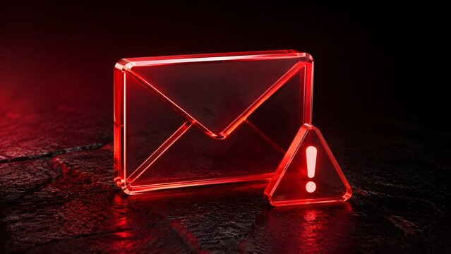 Glowing red glass email envelope with a warning triangle sign representing a phishing alert or critical cybersecurity threat