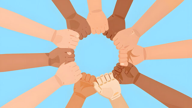 Diverse hands holding together in circle top view vector illustration representing multiethnic unity teamwork diversity inclusion and equality concept