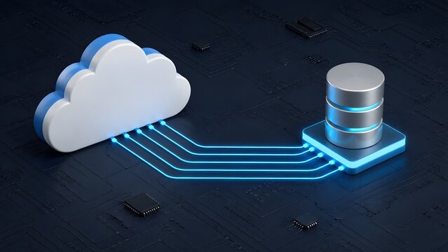 3D cloud computing concept showing white cloud icon connected to silver database server via glowing blue circuit lines for digital network storage