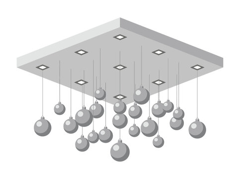 Modern square ceiling lamp with hanging silver spheres for interior decoration on white background.
