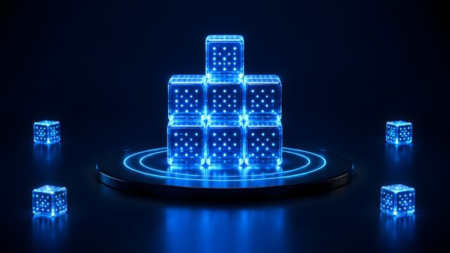 Glowing blue digital glass dice on a dark platform representing virtual gambling online casino crypto analytics risk management and algorithmic probability