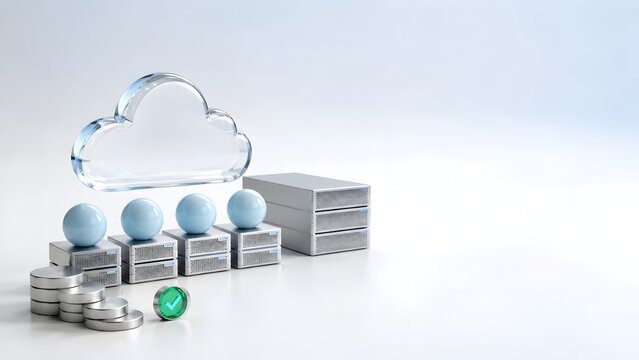 3D transparent glass cloud hovering over database server racks and silver coins representing secure cloud computing and data storage investment