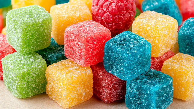 Colorful sugar coated gummy candies in bright red, blue, green and yellow, close up of sweet chewy confectionery with sparkling crystal texture