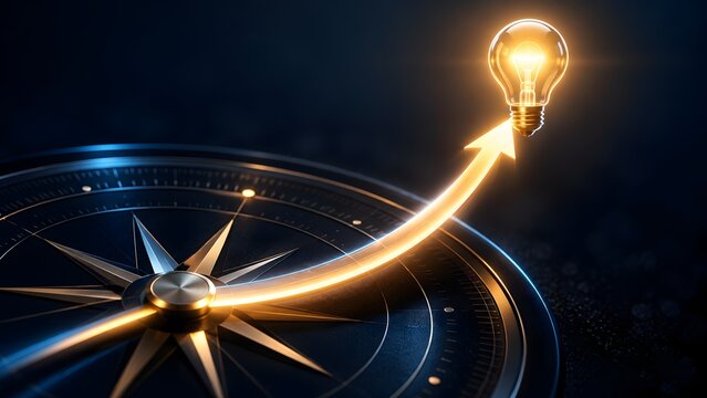 Conceptual image showing a golden glowing arrow rising from a compass toward a bright light bulb representing business strategy, finding the right direction for innovation, and creative vision.