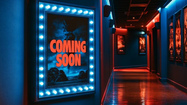 Illuminated Coming Soon Movie Poster in Red and Blue Cinema Corridor