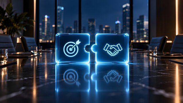 Glowing puzzle pieces with handshake and target icons on a luxury office conference table at night with city skyline background, representing business synergy, strategic partnership, and goals.