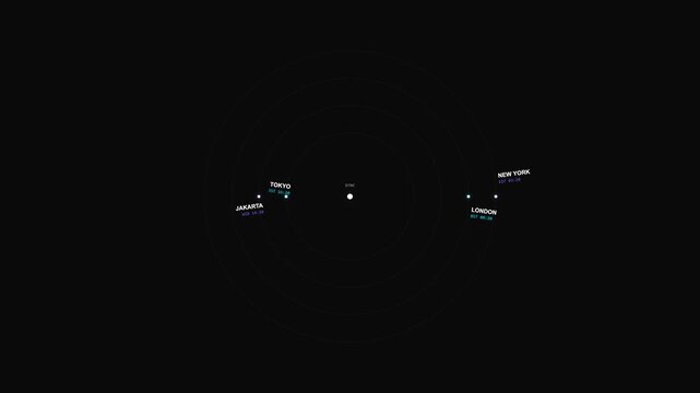 Minimalist geometric world clock visualization with glowing rings and precise mechanical orbits.