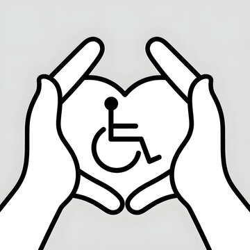 Hands forming heart shape around wheelchair accessibility symbol line art vector illustration representing disability care love support and inclusion concept