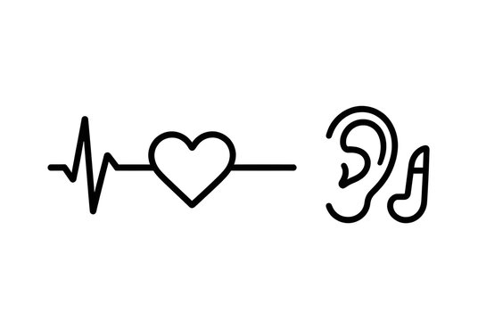 Heartbeat pulse rate with heart icon and human ear with hearing aid line art vector illustration representing hearing health care cardiology and auditory wellness concept
