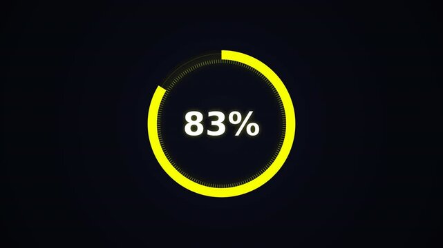 Bright yellow loading circle with 83 percent numeric indicator on dark background, concept for system update and download completion, ideal for user interface design and website loading screens