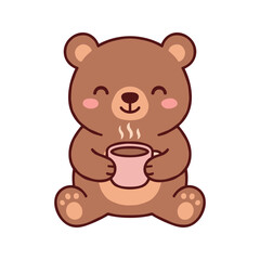 Obraz premium Cute brown teddy bear character smiling while holding a steaming pink mug of hot coffee