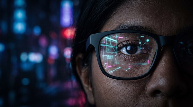 Smart glasses reflection overlays futuristic digital data across the eye of a woman at night.