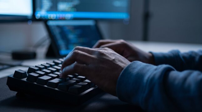Hands type code on a mechanical keyboard in front of computer monitors in a dark room.
