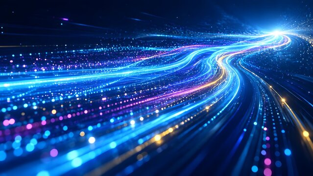 Futuristic abstract background featuring high speed digital data flow through fiber optics with glowing blue and purple light trails and bokeh particles in motion for technology concept.