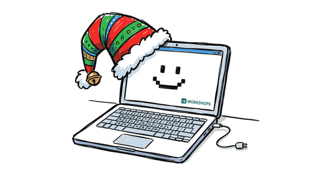 Laptop wearing a festive striped hat with a pixel smiley face on the screen for Christmas.