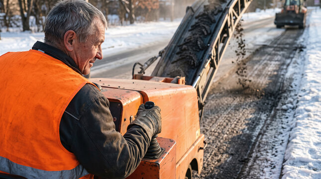 Elderly man operating cold-planer with joystick control
