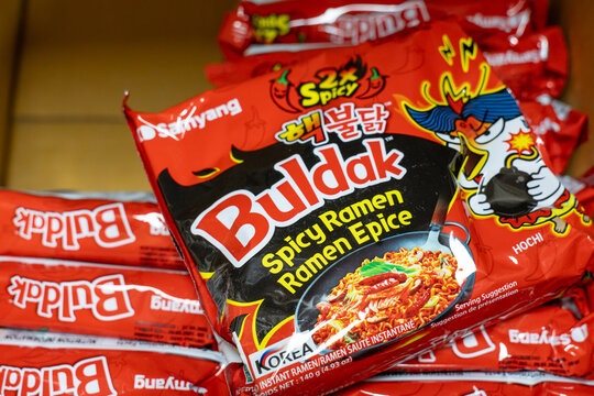 Close-up of Samyang Buldak 2x Spicy Korean instant ramen packages on display. Kaliningrad, Russia, September 15, 2026.